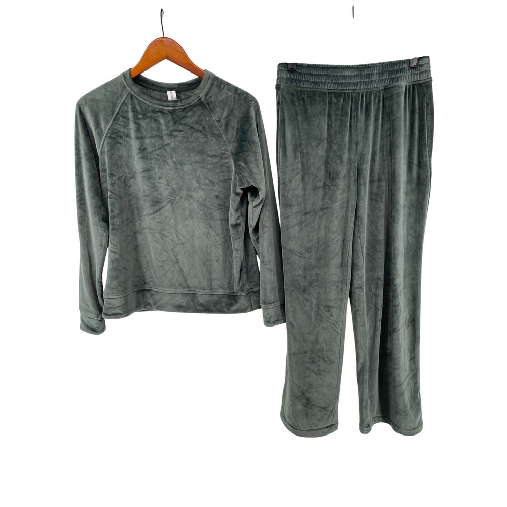 Velour Tracksuit Women Small Green Plush Crewneck Wide Leg Loungewear Set